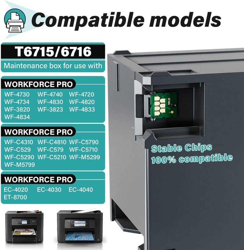 SUBLIMAKER T6715 T6716 Ink Maintenance Box Compatible Replacement for Epson Workforce Pro WF-4730 WF-4740 WF-4720 WF-4734 WF-4830 WF-4820 WF-3820 EC-4020 EC-4030 WF-4833 Printers, 6715 Maintenance Box (2 Packs) - Image 3